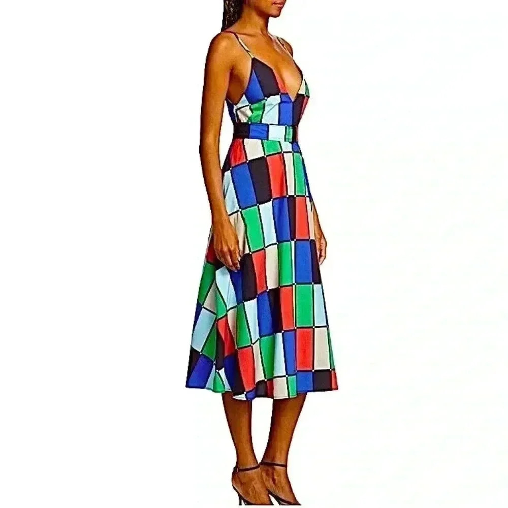 New Matthew Bruch Patchwork Midi Dress Belted Fit & Flare Size XL